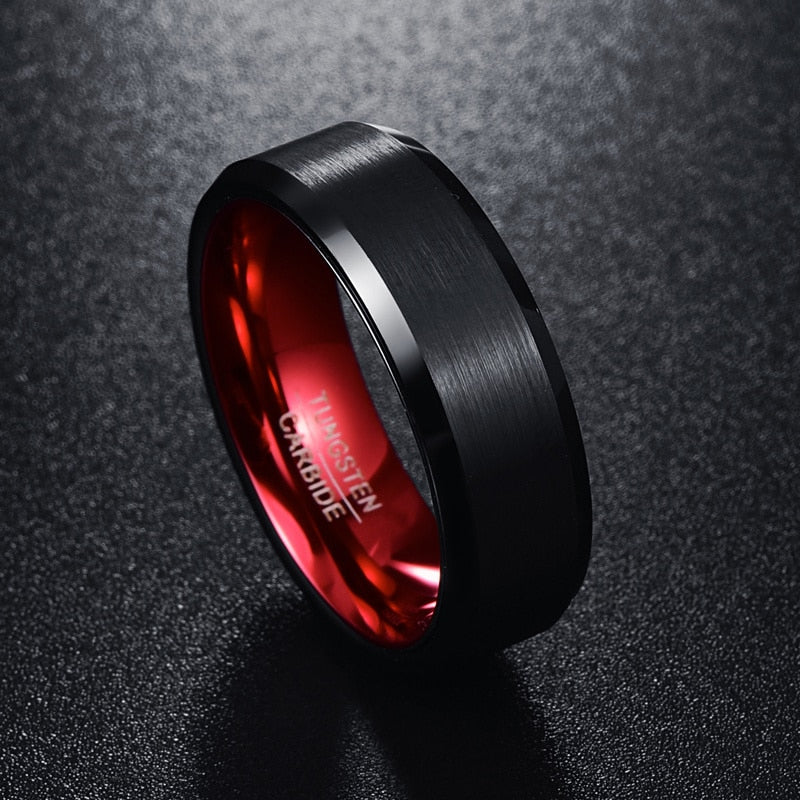 Men's 8mm Red Inner Flat Bevel Edge Black Tungsten Carbide Ring