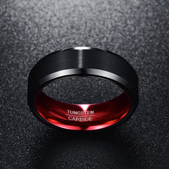 Men's 8mm Red Inner Flat Bevel Edge Black Tungsten Carbide Ring