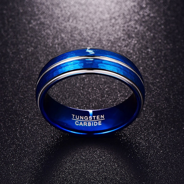 Men's 8mm Silver Triple Groove Hammered Blue Tungsten Carbide Ring