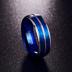 Men's 8mm Silver Triple Groove Hammered Blue Tungsten Carbide Ring