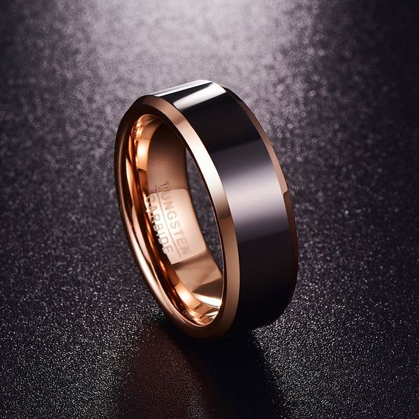 Men's 8mm Gun Metal and Rose Gold Bevel Inner Tungsten Carbide Ring