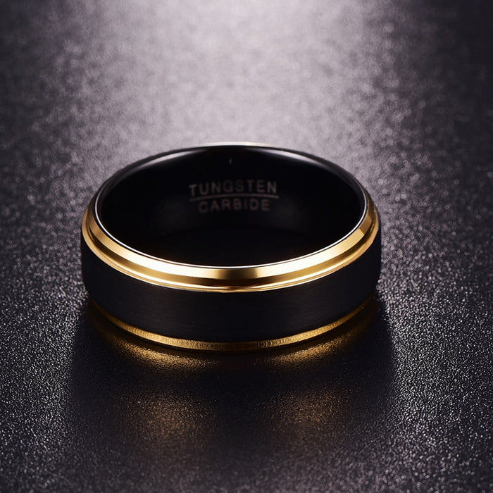 Men's 8mm Gold Bevel Blushed Black Tungsten Carbide Ring