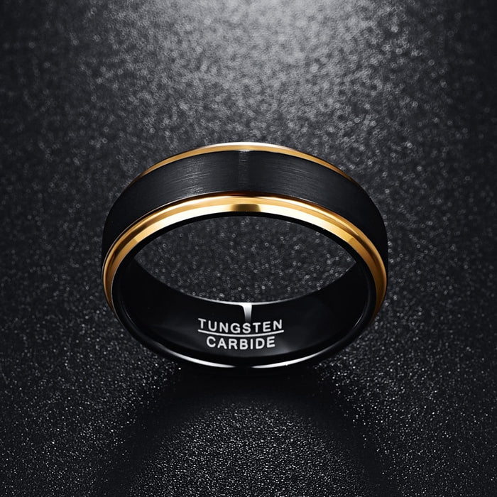 Men's 8mm Gold Bevel Blushed Black Tungsten Carbide Ring