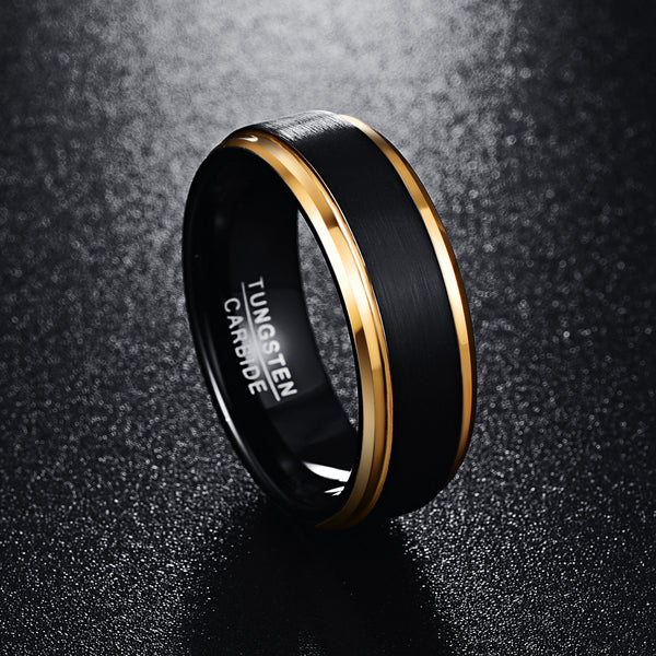 Men's 8mm Gold Bevel Blushed Black Tungsten Carbide Ring