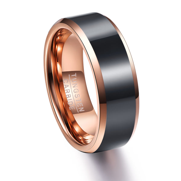 Men's 8mm Gun Metal and Rose Gold Bevel Inner Tungsten Carbide Ring