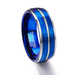 Men's 8mm Silver Triple Groove Hammered Blue Tungsten Carbide Ring