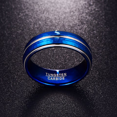 Men's 8mm Silver Triple Groove Hammered Blue Tungsten Carbide Ring