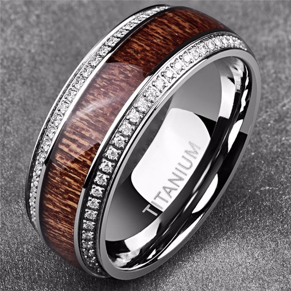 Men's 8mm Wood Grain Inlay CZ Bevel Tungsten Carbide Ring