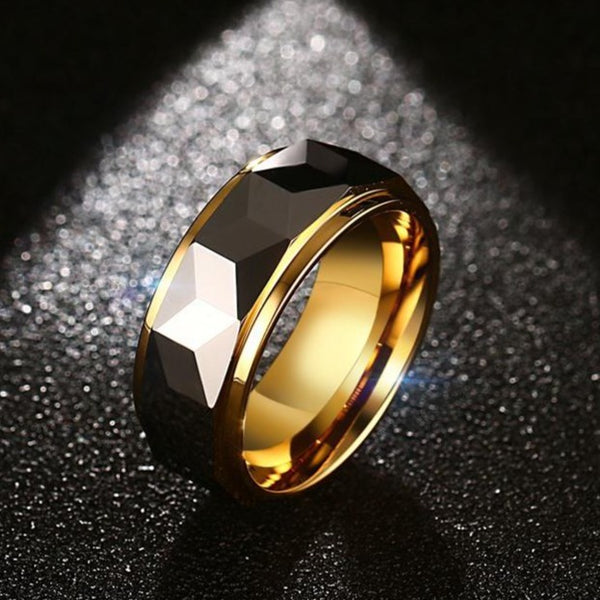 Men's 8mm Hammered Center and Gold Bevel Tungsten Carbide Ring