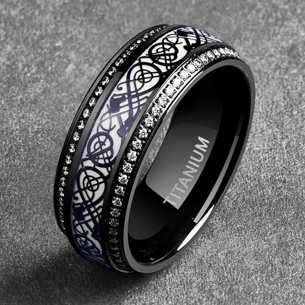 Men's 8mm Black Carved Flower and Dragon CZ Bevel Tungsten Carbide Ring