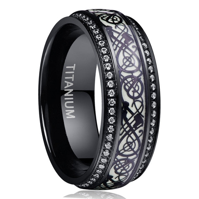 Men's 8mm Black Carved Flower and Dragon CZ Bevel Tungsten Carbide Ring