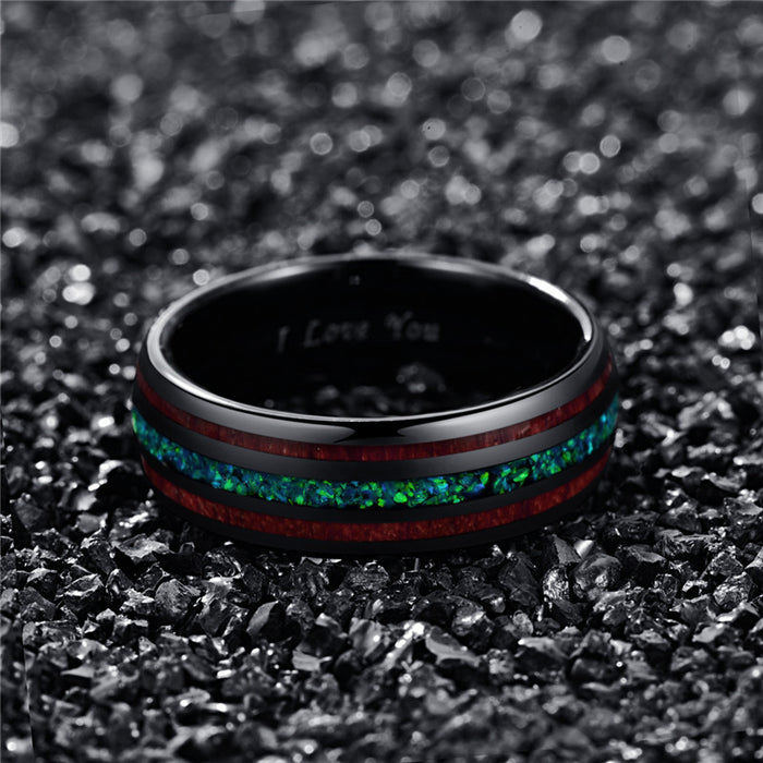 Men's 8mm Natural Acacia Wood Green Opal Tungsten Carbide Ring