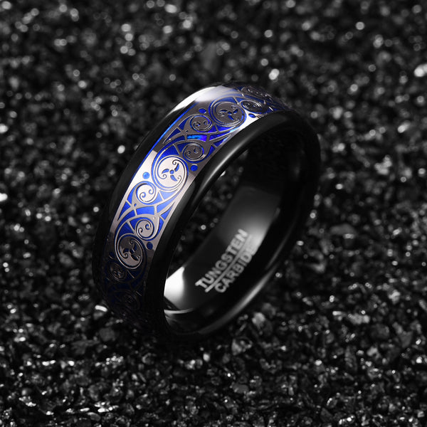 Men's 8mm Inlaid Blue Triple Spiral Pattern Black Tungsten Carbide Ring