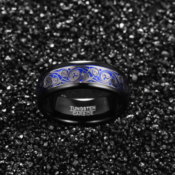 Men's 8mm Inlaid Blue Triple Spiral Pattern Black Tungsten Carbide Ring