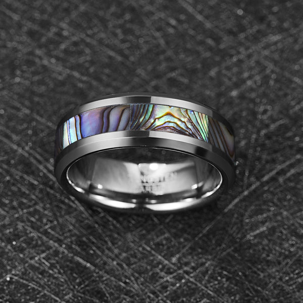 Men's 8mm Inlaid Abalone Shell Polished Silver Tungsten Carbide Ring