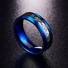 Men's 8mm Bright Blue Gold Dragon Inlay Tungsten Carbide Ring