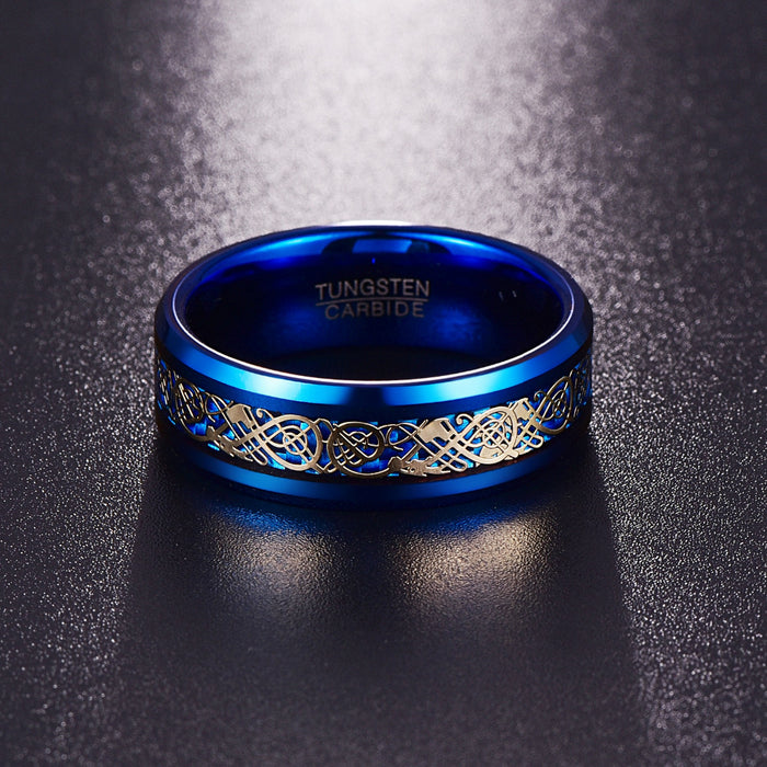 Men's 8mm Bright Blue Gold Dragon Inlay Tungsten Carbide Ring