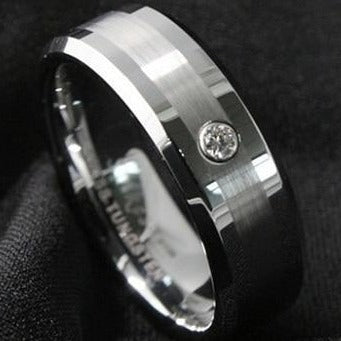 Men's 8mm Brushed Single CZ Inlay Polished Silver Tungsten Carbide Ring