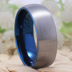 Couple's Matching Set of 6mm and 8mm Matte Silver and Blue Inner Tungsten Carbide Rings