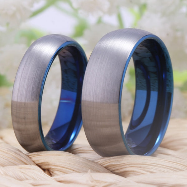 Couple's Matching Set of 6mm and 8mm Matte Silver and Blue Inner Tungsten Carbide Rings