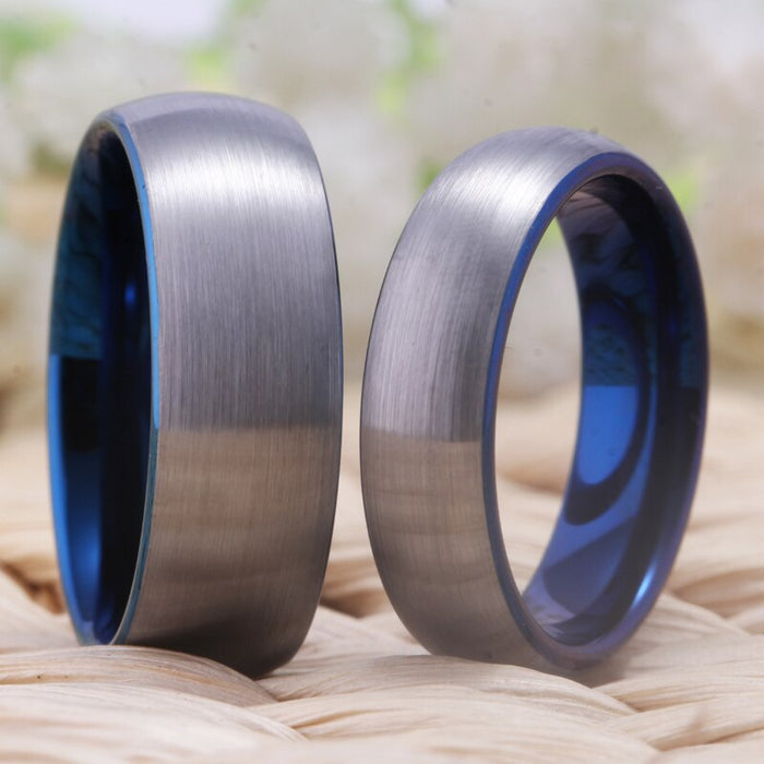 Couple's Matching Set of 6mm and 8mm Matte Silver and Blue Inner Tungsten Carbide Rings