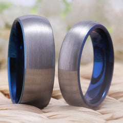 Couple's Matching Set of 6mm and 8mm Matte Silver and Blue Inner Tungsten Carbide Rings