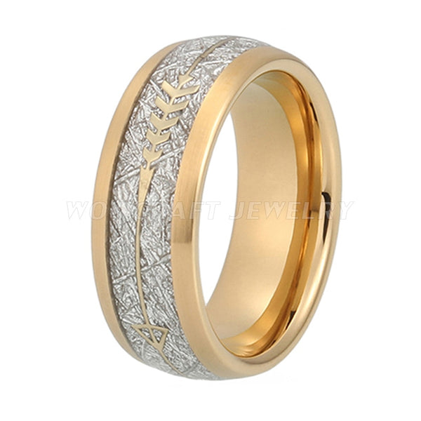 Men's 8mm Meteorite and Arrow Inlay Gold Tungsten Carbide Ring