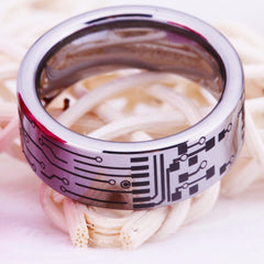 Men's 8mm Etched Circuit Board Polished Silver Tungsten Carbide Ring