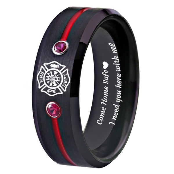 Men's 8mm Firefighter Shield and Red CZ 'Come Home Safe' Black Tungsten Carbide Ring