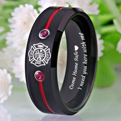 Men's 8mm Firefighter Shield and Red CZ 'Come Home Safe' Black Tungsten Carbide Ring