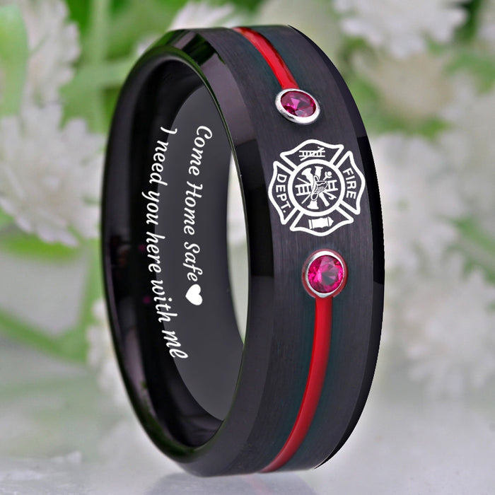 Men's 8mm Firefighter Shield and Red CZ 'Come Home Safe' Black Tungsten Carbide Ring