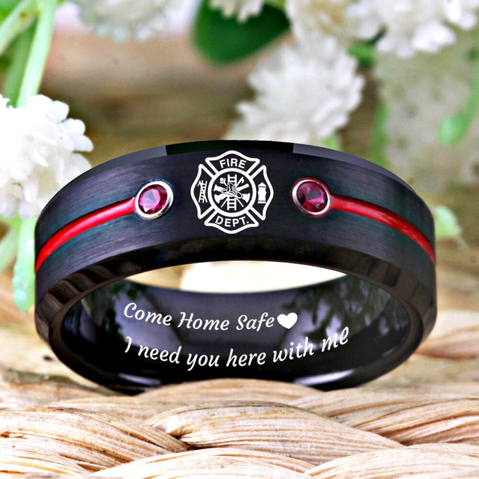 Men's 8mm Firefighter Shield and Red CZ 'Come Home Safe' Black Tungsten Carbide Ring