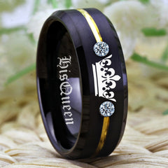 Couple's Matching Set of 6mm and 8mm Silver Engraved Her King | His Queen Black Tungsten Carbide Rings