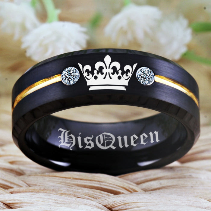 Couple's Matching Set of 6mm and 8mm Silver Engraved Her King | His Queen Black Tungsten Carbide Rings