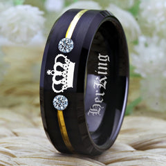 Couple's Matching Set of 6mm and 8mm Silver Engraved Her King | His Queen Black Tungsten Carbide Rings