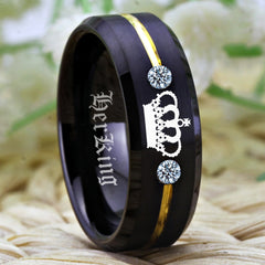 Couple's Matching Set of 6mm and 8mm Silver Engraved Her King | His Queen Black Tungsten Carbide Rings