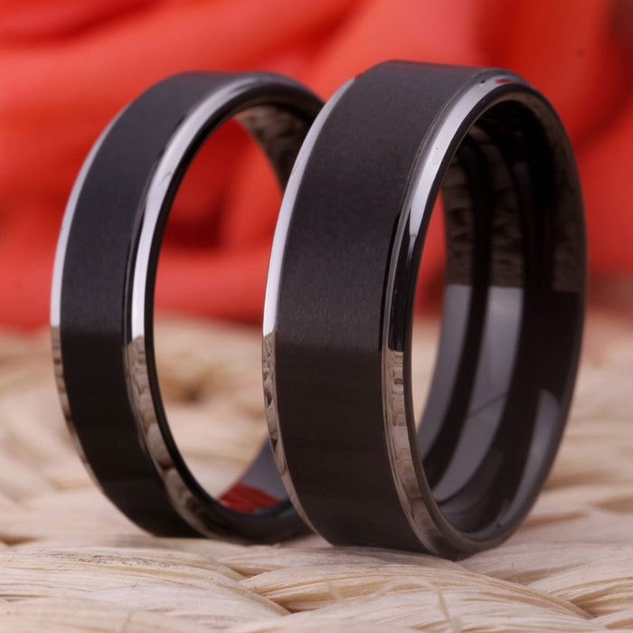Couple's Matching Set of 6mm and 8mm Classic Black Tungsten Carbide Rings
