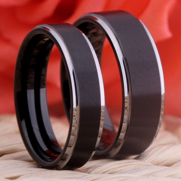 Couple's Matching Set of 6mm and 8mm Classic Black Tungsten Carbide Rings