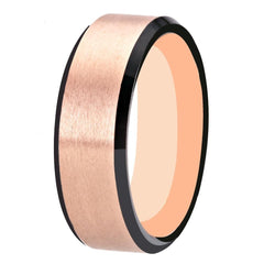 Women's 8mm Brushed Rose Gold and Black Bevel Tungsten Carbide Ring