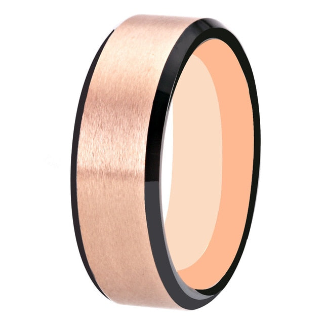 Women's 8mm Brushed Rose Gold and Black Bevel Tungsten Carbide Ring