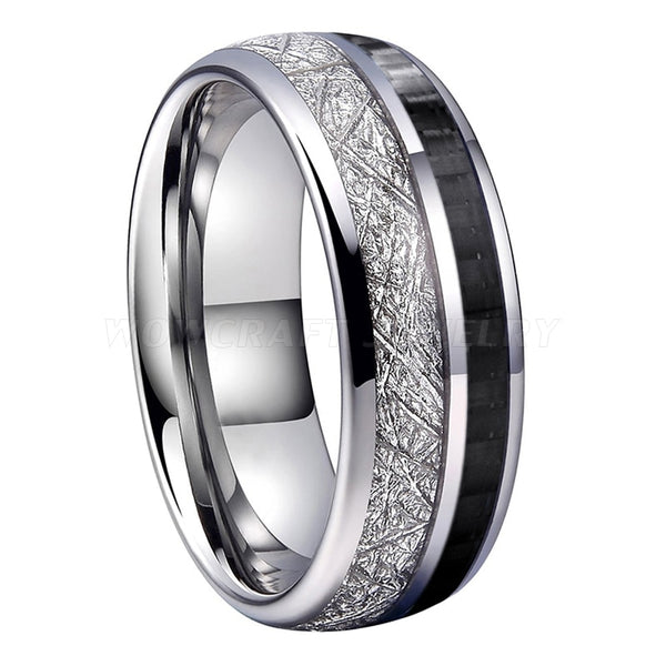 Men's 8mm Meteorite and Carbon Fiber Inlay Polished Silver Tungsten Carbide Ring