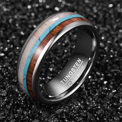 Women's 8mm Wood and Blue Opal Inlay Silver Tungsten Carbide Ring