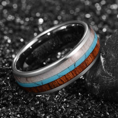 Women's 8mm Wood and Blue Opal Inlay Silver Tungsten Carbide Ring