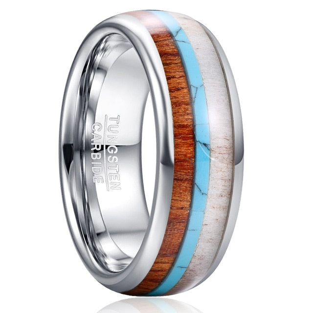 Women's 8mm Wood and Blue Opal Inlay Silver Tungsten Carbide Ring