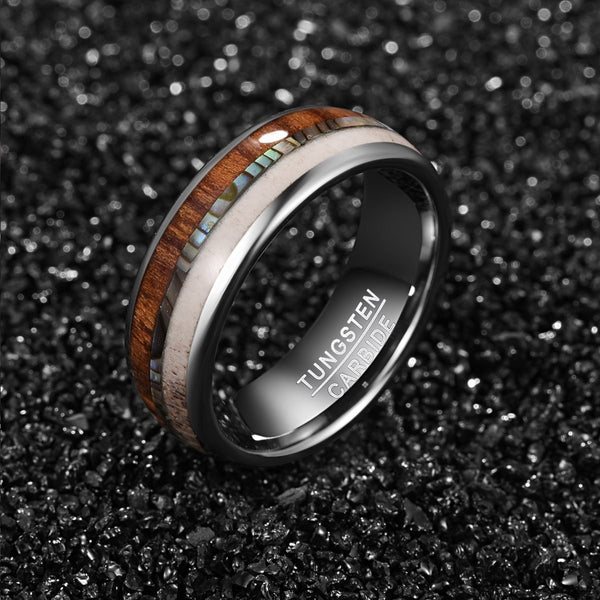 Women's 8mm Wood and Pink Opal Stone Inlay Silver Tungsten Carbide Ring