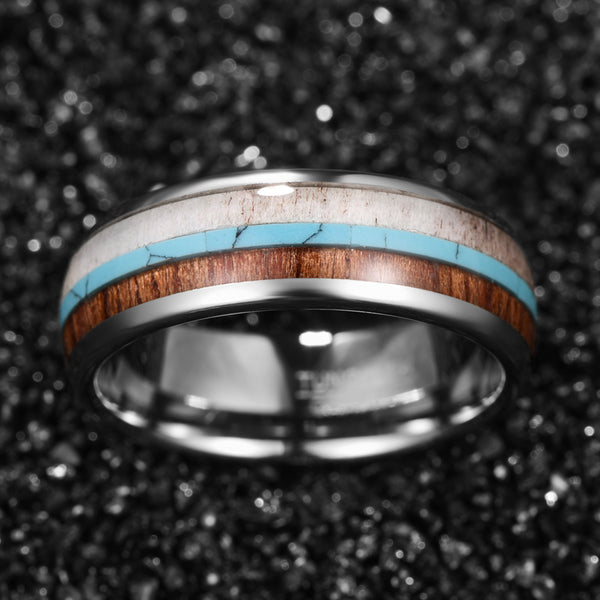 Women's 8mm Wood and Blue Opal Inlay Silver Tungsten Carbide Ring