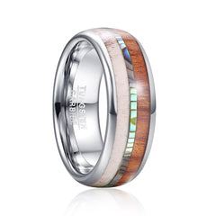 Women's 8mm Wood and Pink Opal Stone Inlay Silver Tungsten Carbide Ring