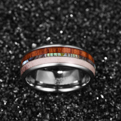 Women's 8mm Wood and Pink Opal Stone Inlay Silver Tungsten Carbide Ring