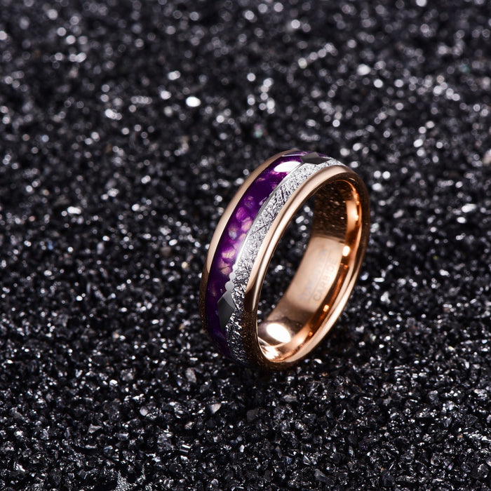 Women's 8mm Purple Agate and Stone Inlay Rose Gold Tungsten Carbide Ring