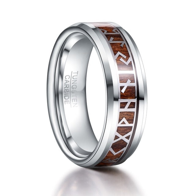 Men's 8mm Phoenician Pattern Wood Inlay Silver Tungsten Carbide Ring